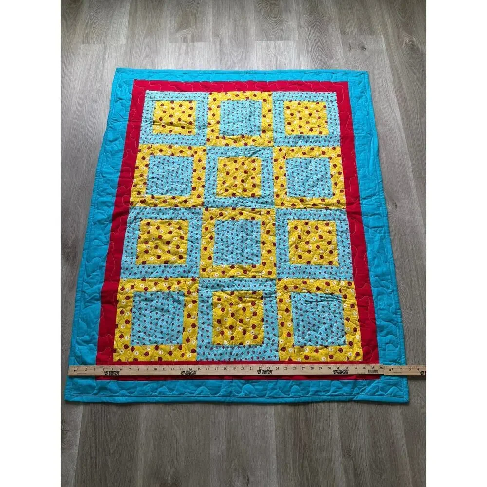 Handmade Quilt, ladybug daisy, Blue yellow red, child, baby, blanket